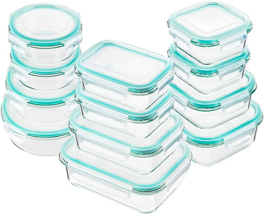 Bayco Glass Food Storage Containers with Lids, [24 Piece] Meal Prep, Airtight Bento Boxes, Leak Proof (12 lids & 12 Containers) - Blue