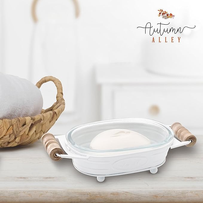 Autumn Alley White Farmhouse Soap Dish for Bathroom – Fun Kitchen Soap Tray – Farmhouse Bathroom Accessories – Rustic Soap Dish – Wooden Handles Add Vintage Appeal – Cute Bathtub Decor
