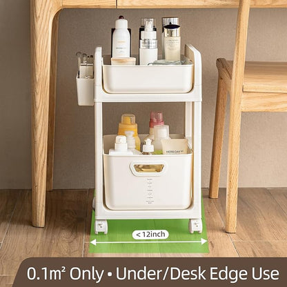 Rolling Makeup Organizer Cart with Removable Drawer, 2 Tier Stable White Floor Skincare Storage Cart for Vanity, Cosmetic Display, Nail Polish, Perfume, Hair Stuff, Beauty, Bathroom (2 Tier White)