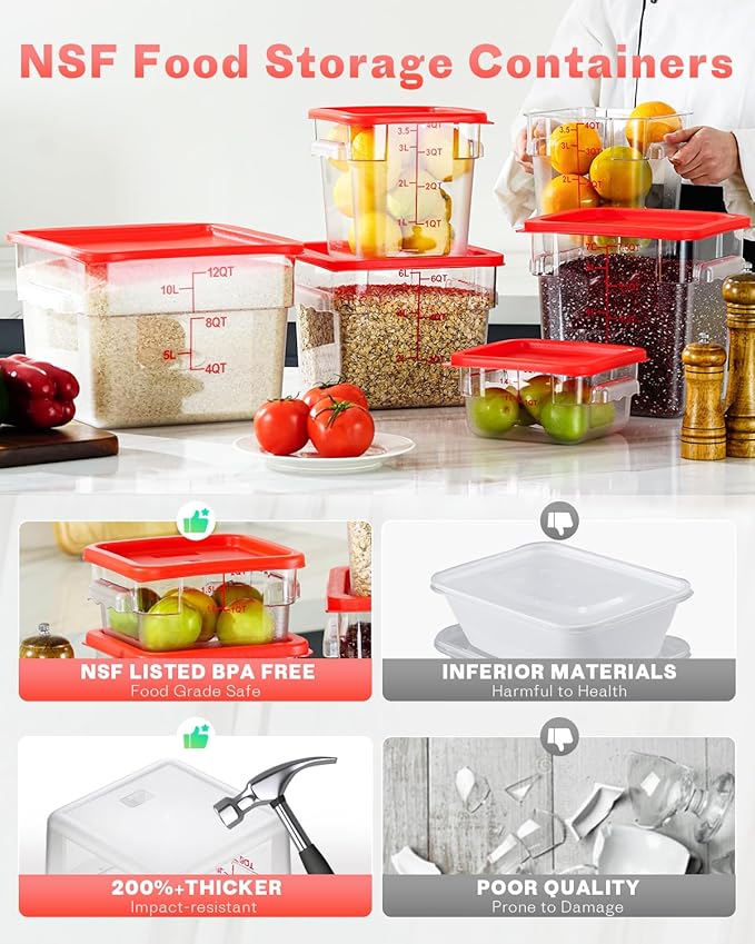 2QT4QT NSF Food Storage Containers: 6PCS [Food Grade][Hot&Cold Resistant] Commercial Clear Food Storage Containers with Lids for Restaurant Kitchen Proof Dough, Measuring Spoons Included(Red N)