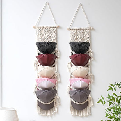 Wonderjune 2 Pcs Baseball Cap Holder, Boho Macrame Hat Organizer for Wall, over the Door Hat Rack for Decoration and Display Handmade Hanger for Baseball Holder up to 20 Caps(White)