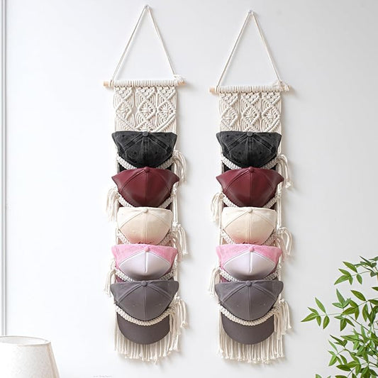 Wonderjune 2 Pcs Baseball Cap Holder, Boho Macrame Hat Organizer for Wall, over the Door Hat Rack for Decoration and Display Handmade Hanger for Baseball Holder up to 20 Caps(White)