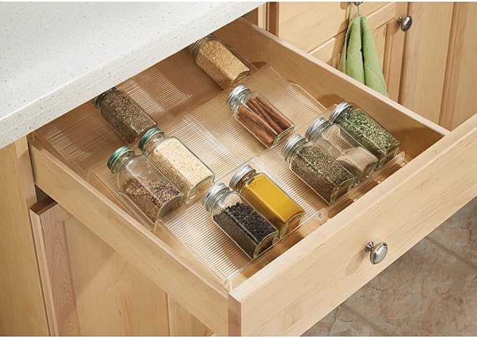 mDesign Expandable Plastic Deluxe Spice Rack, Drawer Organizer for Kitchen Cabinet Drawers, 3 Tier Slanted for Spice Jars, Food Seasoning Bottle Storage, Ligne Collection - Clear