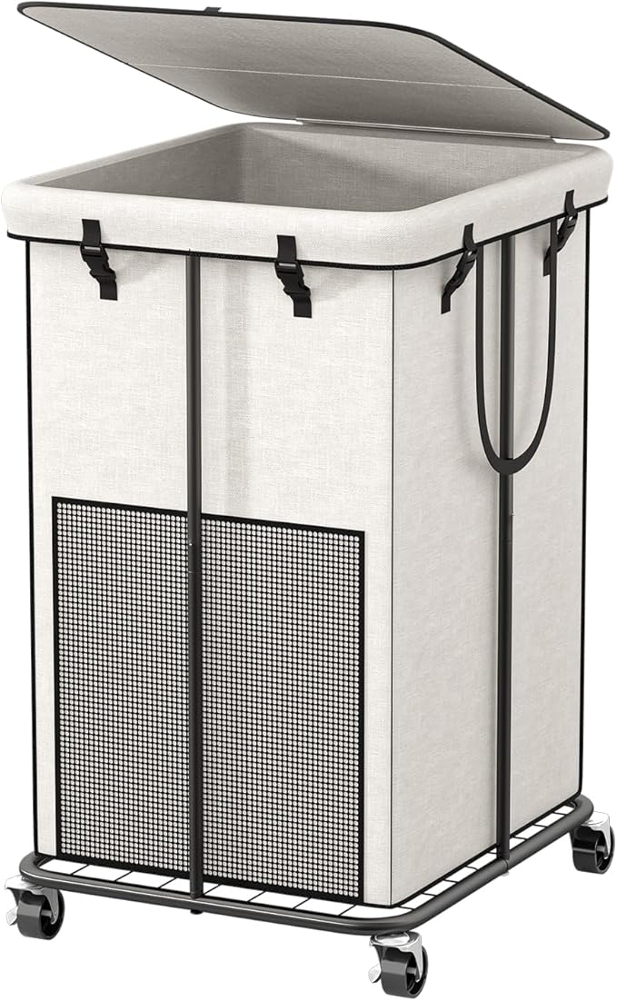 40 Gal Large Laundry Hamper with Lid, Rolling Laundry Basket with Wheels, Oxford Fabric Dirty Clothes Hampers with Removable Laundry Bag & Metal Frame for Bedroom, Laundry Room, Bathroom, Dorm(White)