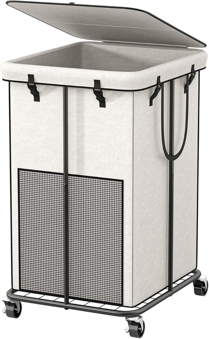 40 Gal Large Laundry Hamper with Lid, Rolling Laundry Basket with Wheels, Oxford Fabric Dirty Clothes Hampers with Removable Laundry Bag & Metal Frame for Bedroom, Laundry Room, Bathroom, Dorm(White)