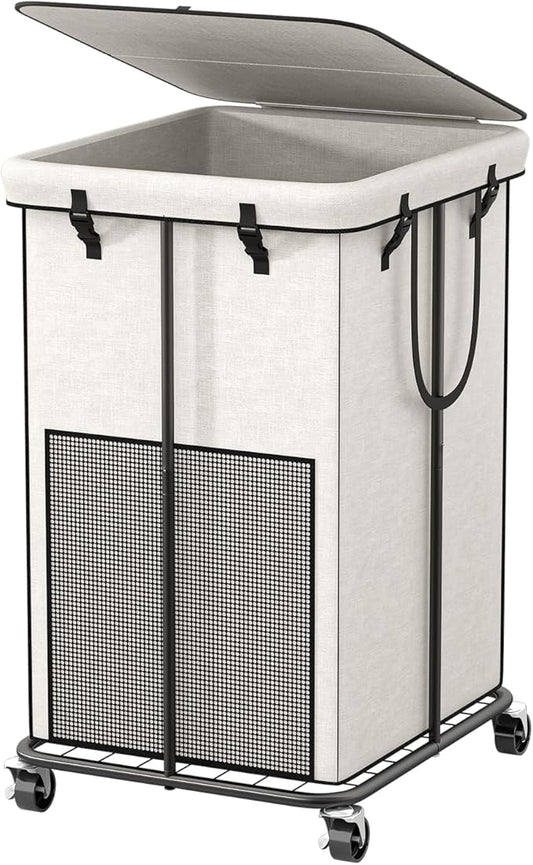 40 Gal Large Laundry Hamper with Lid, Rolling Laundry Basket with Wheels, Oxford Fabric Dirty Clothes Hampers with Removable Laundry Bag & Metal Frame for Bedroom, Laundry Room, Bathroom, Dorm(White)