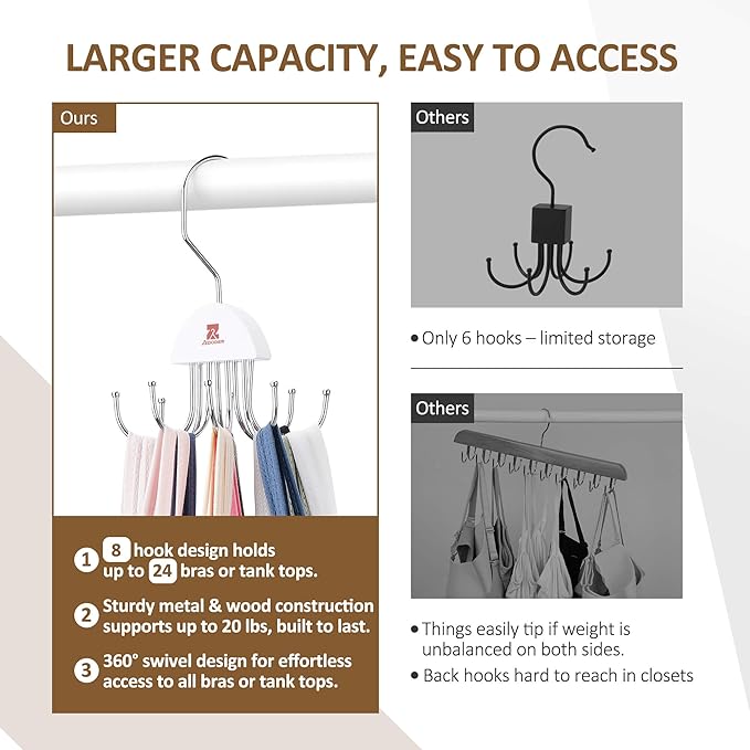 ZEDODIER 2 Pack Tank Top Hanger, Rotatable Bra Organzier for Closet, Max 48 Storage Capacity Sport Bra Holder, Space Saving Closet Organizers and Storage, White