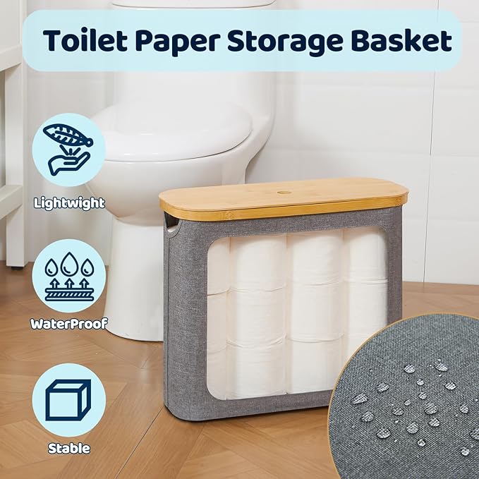 Toilet Paper Basket, Toilet Paper Storage with Lid for 12 Rolls, Bathroom Storage Organizer with Bamboo Lid, Grey