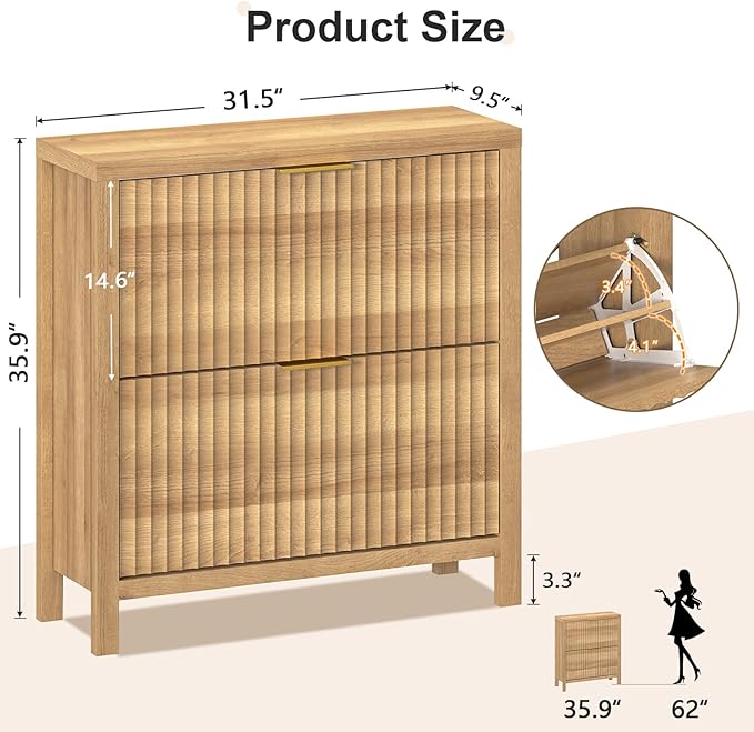 YOMILUVE Shoe Cabinet Storage for Entryway, Fluted Shoe Cabinet with 2 Flip Drawers, Hidden Shoe Rack Tall Freestanding Shoe Organizer with Legs for Hallway, Oak