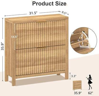 YOMILUVE Shoe Cabinet Storage for Entryway, Fluted Shoe Cabinet with 2 Flip Drawers, Hidden Shoe Rack Tall Freestanding Shoe Organizer with Legs for Hallway, Oak