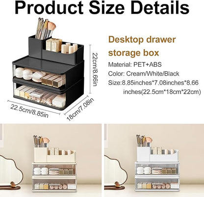 DASITON Makeup Organizer for Vanity with 2 Drawers, Stackable Cosmetic Organizer with Makeup Brush Holder, Plastic Bathroom Organizer Skincare Storage for Brushes, Eyeshadow, Lotions, Lipstick (Black)