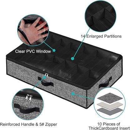 Under Bed Shoe Storage Organizer for Closet 2 Pack- Fits 28 Pairs Underbed Shoes Container Boxes with 2 Sturdy Handles and Clear Window Black