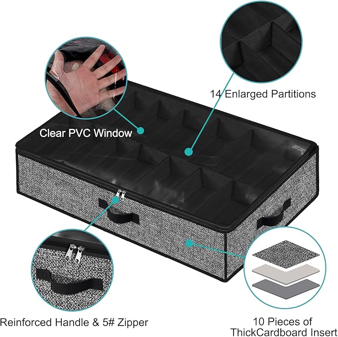 Under Bed Shoe Storage Organizer for Closet 2 Pack- Fits 32 Pairs Underbed Shoes Container Boxes Black