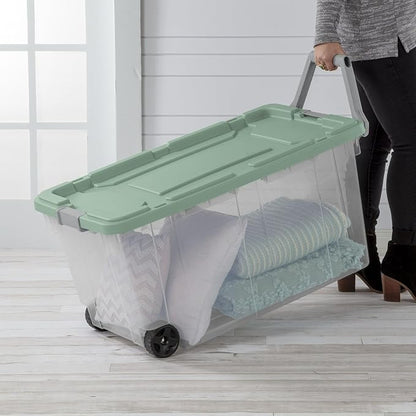 Extra Large Storage Bin, 40 Gallon Wheeled Plastic Storage Container with Handle,Pack of 2 (Clear/Green)