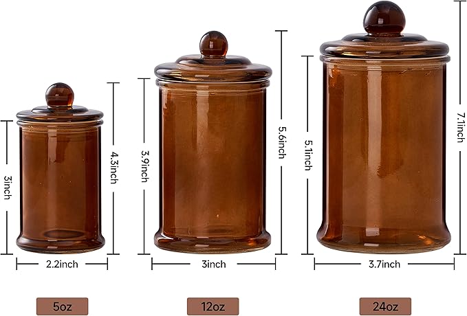 KMwares 3PCs Set Small Glass Premium Quality Apothecary Jars with lids Bathroom Accessories Vanity Organizer Canisters for Cotton Balls/Swabs, Makeup Sponges, Bath Salts, Q-Tips(Brown jar)