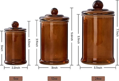 KMwares 3PCs Set Small Glass Premium Quality Apothecary Jars with lids Bathroom Accessories Vanity Organizer Canisters for Cotton Balls/Swabs, Makeup Sponges, Bath Salts, Q-Tips(Brown jar)