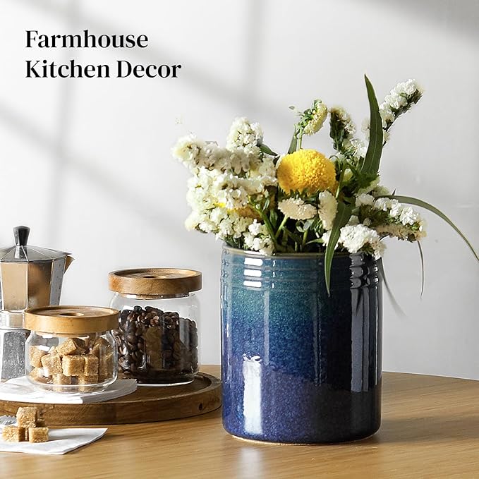 DOWAN 7.2" Kitchen Utensil Holder, Extra Large Farmhouse Utensil Holders for Countertop, Ceramic Utensil Crock, Anti Slip Cork Bottom