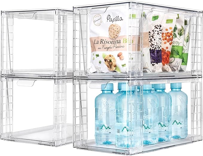 2Pack Large Stackable Kitchen Storage Drawers, Clear Foods Organizer Bins with Handles, Easily Assemble for Bathroom, Kitchen, Pantry, Cabinet, Closet(XL-UP Handle)
