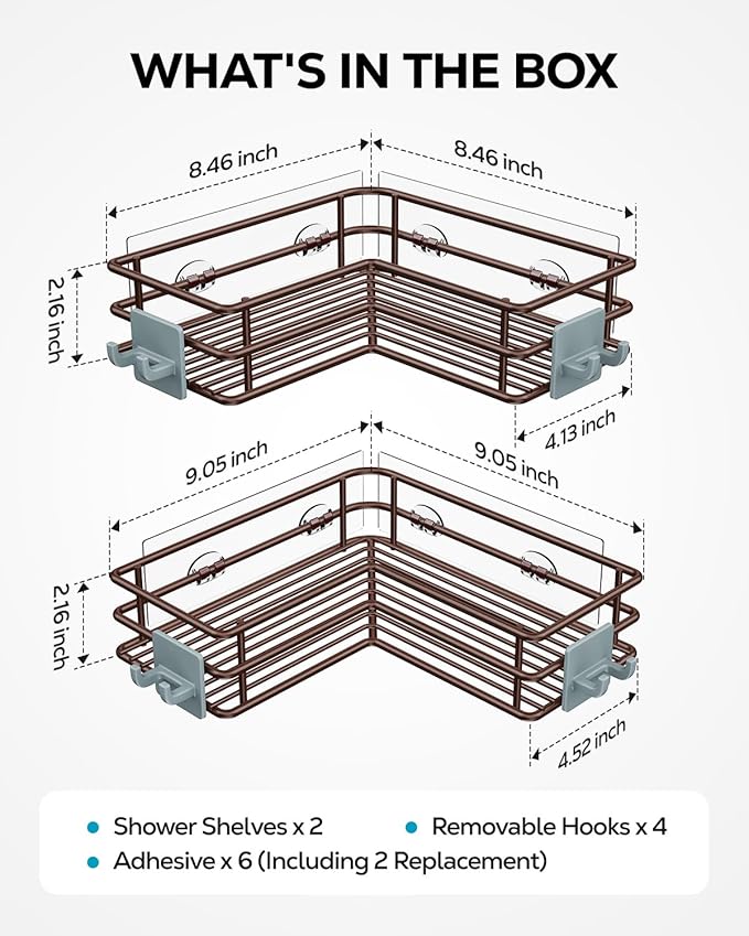 Nieifi Adhesive Corner Shower Caddy Shelf Basket Rack with Hooks, Rust Proof Stainless Steel Bathroom Shelf Shampoo Holder No Drilling (Brown)