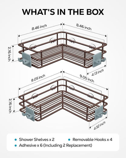 Nieifi Adhesive Corner Shower Caddy Shelf Basket Rack with Hooks, Rust Proof Stainless Steel Bathroom Shelf Shampoo Holder No Drilling (Brown)