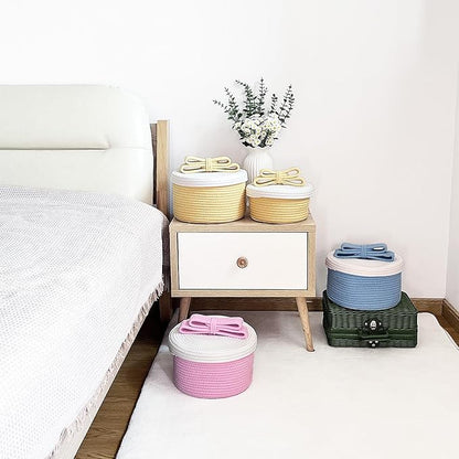 Cute Storage Baskets with Lids, Small Round Woven Rope Basket with Lid, Small Toy Box for Kids or Cat, Cute Basket for Gift, Decorative Basket with Chic Bow Handle, Blue
