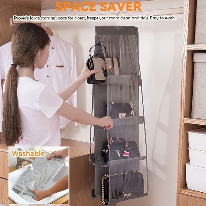 Purse Organizer for Closet - Handbag Hanging Purse Storage and Organizers with Hook, Over Door Bags Holder Hanger, 8 Large Clear Waterproof Pockets, Space Saving, for Dorm, Bedroom, Wardrobe