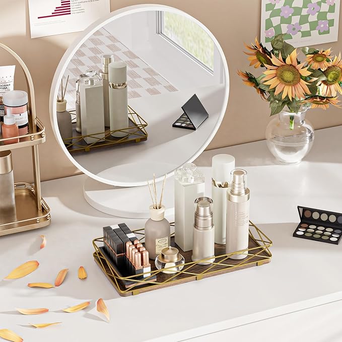 Lixple Toilet Paper Basket Holder, 13" Toilet Tank Tray, Wood and Metal Toilet Tray Vanity Organizer Bathroom Tray, Kitchen Sink Organizer for Soap Dispenser (Brown+Gold)