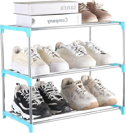 Small Shoe Rack, Narrow Stackable Shoe Shelf Organizer for Entryway, Doorway and Bedroom Closet (3-Tier, Blue)