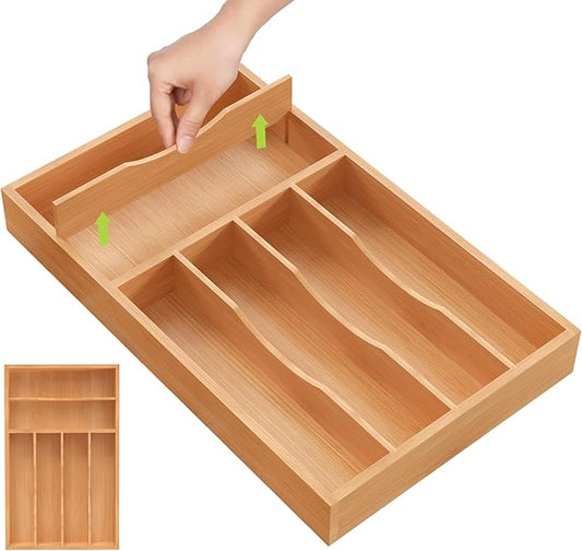 Unibambou Bamboo Utensil Drawer Organizer with Removable Dividers, Kitchen Organizer for Flatware Cutlery, Silverware Tray for Drawer (6/5 Flexible Slots, Natural)