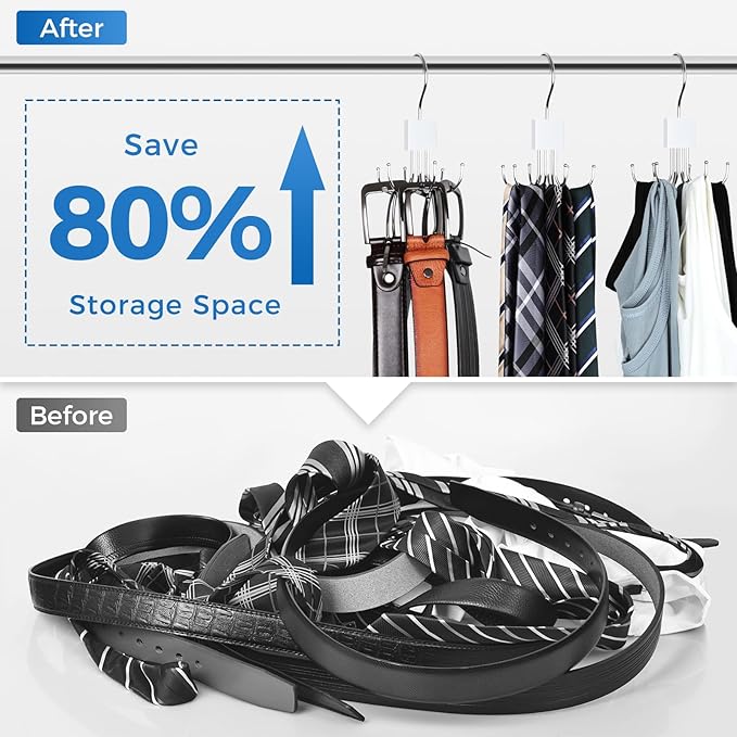 Belt Rack Hanger, Belt Hanger Organizer for Closet 360° Rotatable Max 24 Ties/24 Belts Storage Space Saving Closet Organizers and Storage for Belt, Bra, Tank Top, Tie, Scarf, Purse 2Pcs White