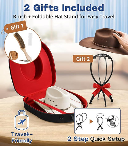 Hat Case for Cowboy Travel Extra Large, Waterproof Hard Box Can Storage for Fedora Panama Tweed Cap Holder Organizer Carrier with Adjustable Carry Strap, Men's Western Gifts, Large Red Interior
