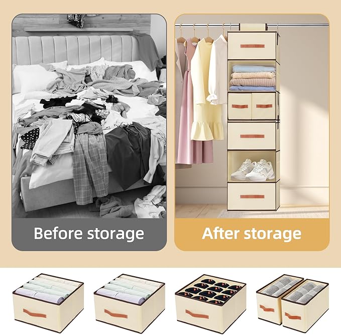 Hanging Closet Organizer 6-Shelf, Upgrade Closet Organizers and Storage with 5 Removable Drawers & 4 Side Pockets, Hanging Shelf Organizer for Bedroom or Garment Rack, 12.6'' x 12.6'' x 44.1'', Beige