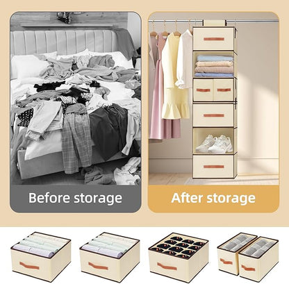 Hanging Closet Organizer 6-Shelf, Upgrade Closet Organizers and Storage with 5 Removable Drawers & 4 Side Pockets, Hanging Shelf Organizer for Bedroom or Garment Rack, 12.6'' x 12.6'' x 44.1'', Beige