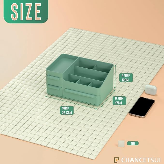 CHANCETSUI Makeup Organizer With Drawers, Countertop Organizer for Cosmetics, Vanity Holder for Lipstick, Brushes, Lotions, Eyeshadow, Nail Polish and Jewelry (Green)