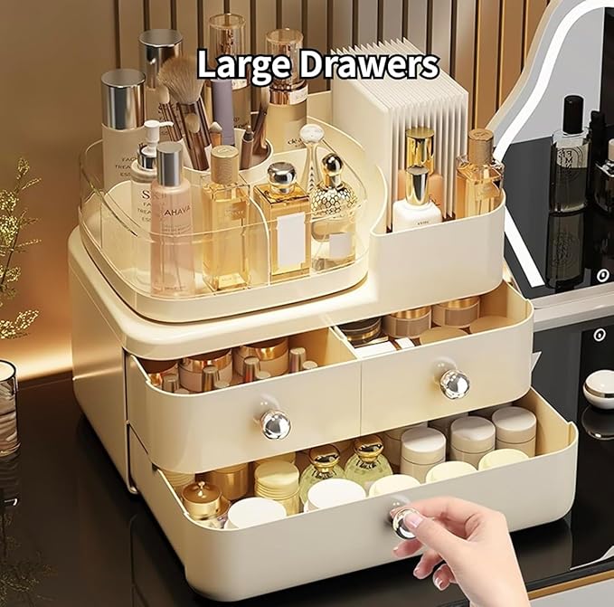 Cosmetic Organizer with 3 Drawers, Makeup Storage Display Case, White Vanity Beauty Container, Chrome Knobs