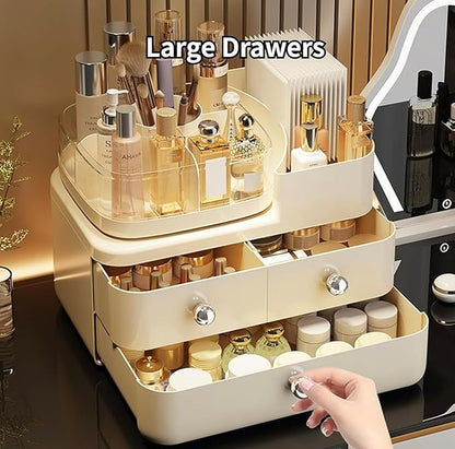 Cosmetic Organizer with 3 Drawers, Makeup Storage Display Case, White Vanity Beauty Container, Chrome Knobs