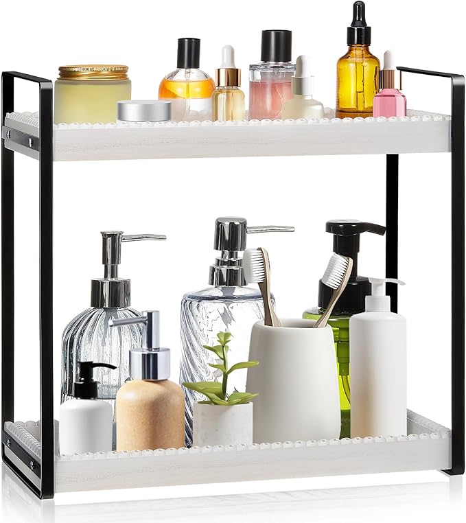 DoubleFill Bathroom Countertop Organizer, 2 Tier Wood Bead Vanity Organizer Tray for Bathroom Cosmetic Skincare Perfume Kitchen Coffee Station Organization(White,Retro)