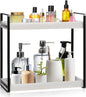 DoubleFill Bathroom Countertop Organizer, 2 Tier Wood Bead Vanity Organizer Tray for Bathroom Cosmetic Skincare Perfume Kitchen Coffee Station Organization(White,Retro)