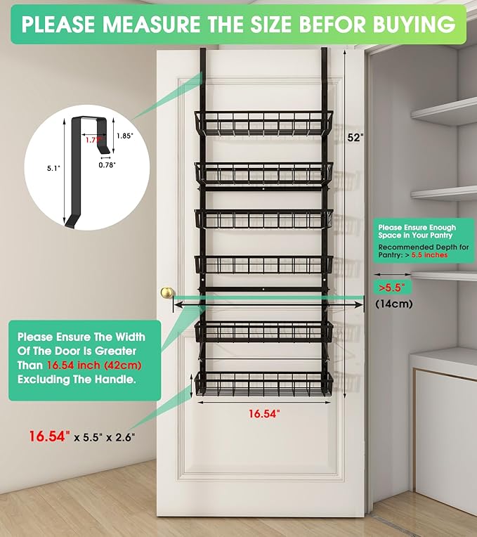 Mefirt Over The Door Pantry Organizer, Pantry Storage and Organization, 6-Tier Adjustable Hanging Baskets, Metal Wall Mount Spice Rack Seasoning Shelves for Home & Kitchen, Laundry Bathroom - Black