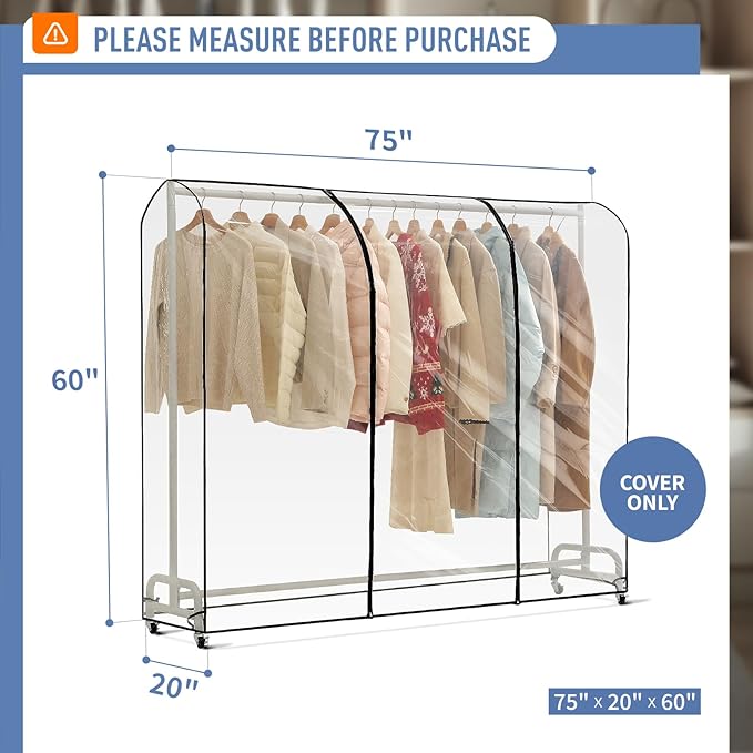 Clear Garment Rack Cover 75" L x 20" W x 60" H, Clothes Rack Cover with Reinforced Double Zippers, Waterproof PEVA Dustproof Protection – Cover Only, Rack Not Included