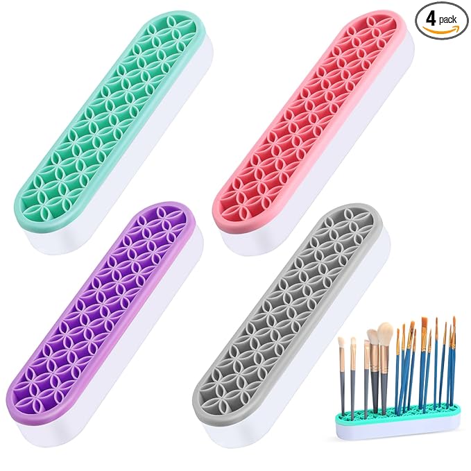 Frienda 4 Pcs Silicone Makeup Brush Holder Stand Multipurpose Cosmetic Travel Storage Box Painting Pen Brush Organizer Desktop Makeup Brush Drying Rack for Brush, Eyeliner Pencil Art (Multicolored)