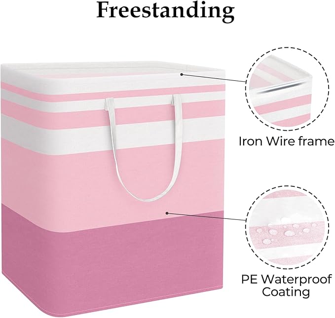 StorageRight Large Collapsible Laundry Basket Hamper with Easy Carry Handles，Freestanding Clothes Hampers for Laundry, Bedroom, Dorm, Towels, Toys, 100L, Pink