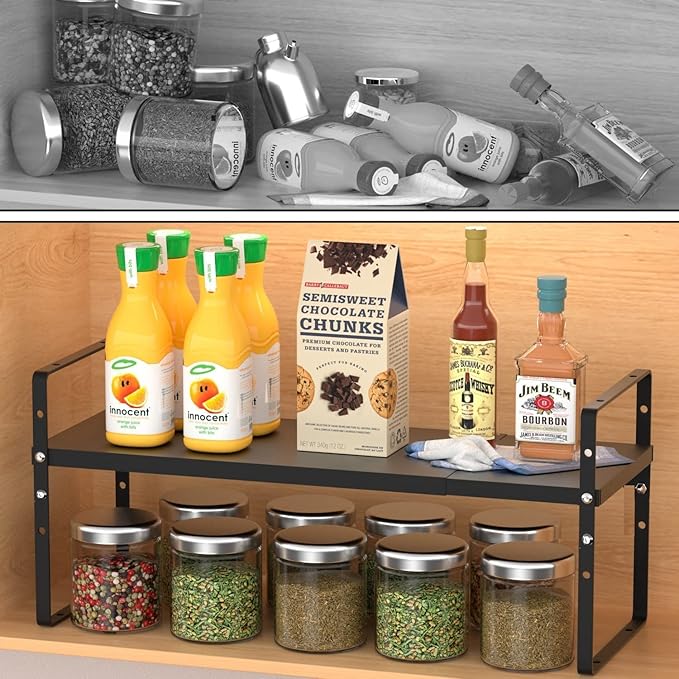 Jojocross Expandable Stackable Spice Rack Cabinet Shelf Organizer in Cabinets Shelves Kitchen Cupboard Organization Stack up Racks Pantry Countertop Storage Medium/Black 2 Packs