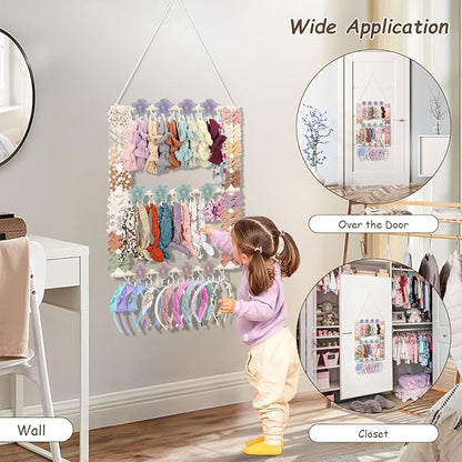 Headband Holder Hair Bow Organizer for Girls, Bow Holder Display w/ 30 Hooks, Wall Hanging Claw Clip Hair Accessories Organizer for Baby Toddler Women Nursery Decor(20x15inch,Beige)