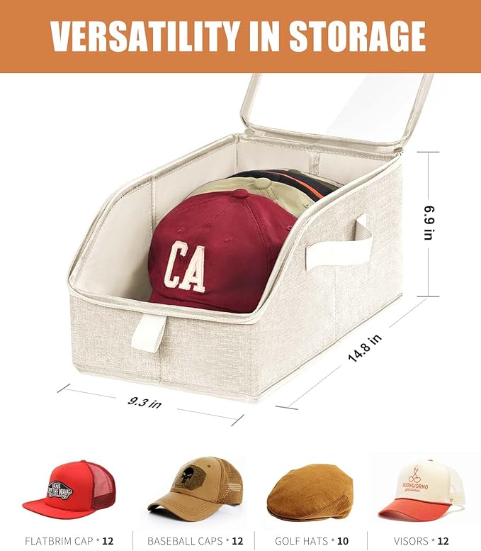 Livelab Hat Organizer for Baseball Caps, Hat Storage Holder Container for Closet Hold Up to 12 Caps with Clear Window, Hat Boxes for Home Storage | 2Pcs Beige