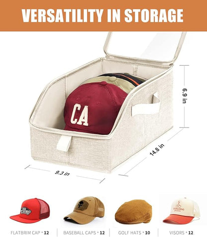 Livelab Hat Organizer for Baseball Caps, Hat Storage Holder Container for Closet Hold Up to 12 Caps with Clear Window, Hat Boxes for Home Storage | 2Pcs Beige