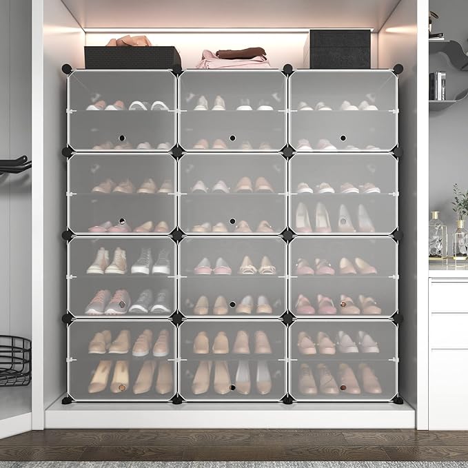 ROJASOP Portable 8-Tier Shoe Cabinet - 48-Pair Shoe Organizer with Expandable, Free Standing, Stackable Space Saving Design and 2 Exclusive Versatile Hooks for Bedroom