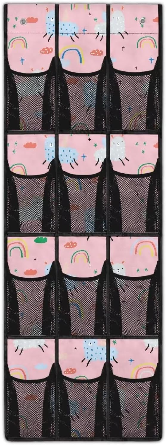 Pink Door Hanger Organizer 12 Pockets Shoe Holder Hanger for Living Room Cute Alpaca Over The Door Shoe Organizer Space Saving Wall Hanging Storage for Closet