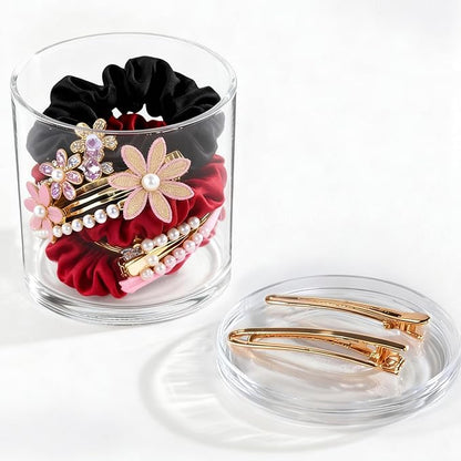 Stackable Clear Plastic Container 4pack - Round Vanity Storage Organizers with Lids for Hair Accessories & Beauty Supplies & Bathroom Container Set