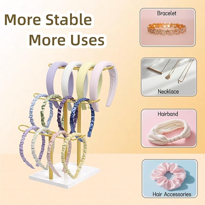 Headband Organizer Metal 3-Tier Hair Hoop Display Stand Headband Holder Organizer Storage Hair Ropes Accessories Bracelets Bangles Bedroom College Dorm Decor for Girls Women, Gold
